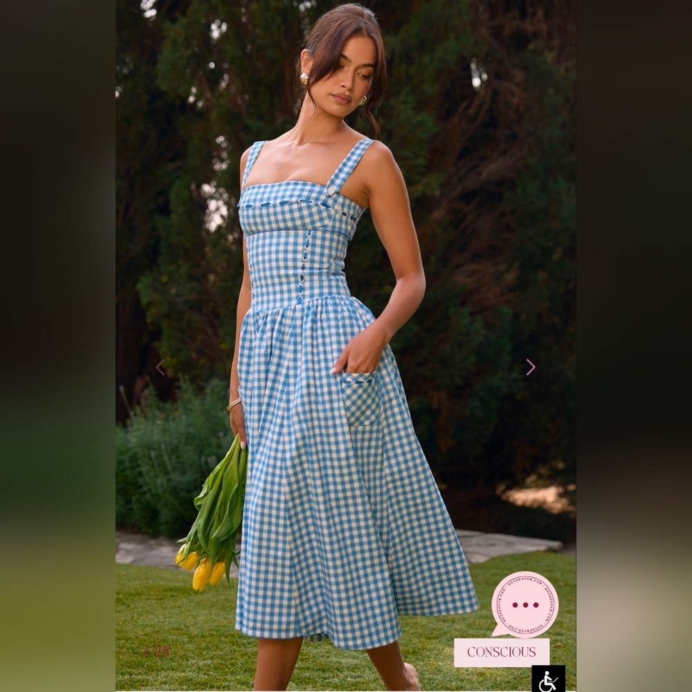 House of CB Vivien Blue and White Gingham Dress L Fuller Cup - Picture 2 of 6